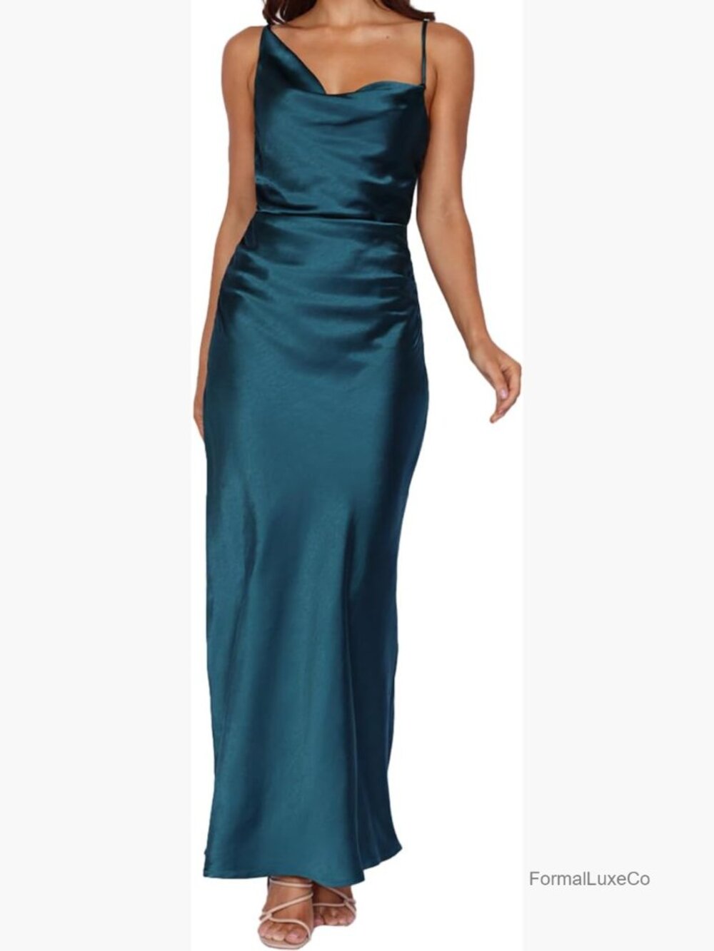 Satin Maxi Dress Cowl Neck Ruched Silk Slit Formal Bridesmaid